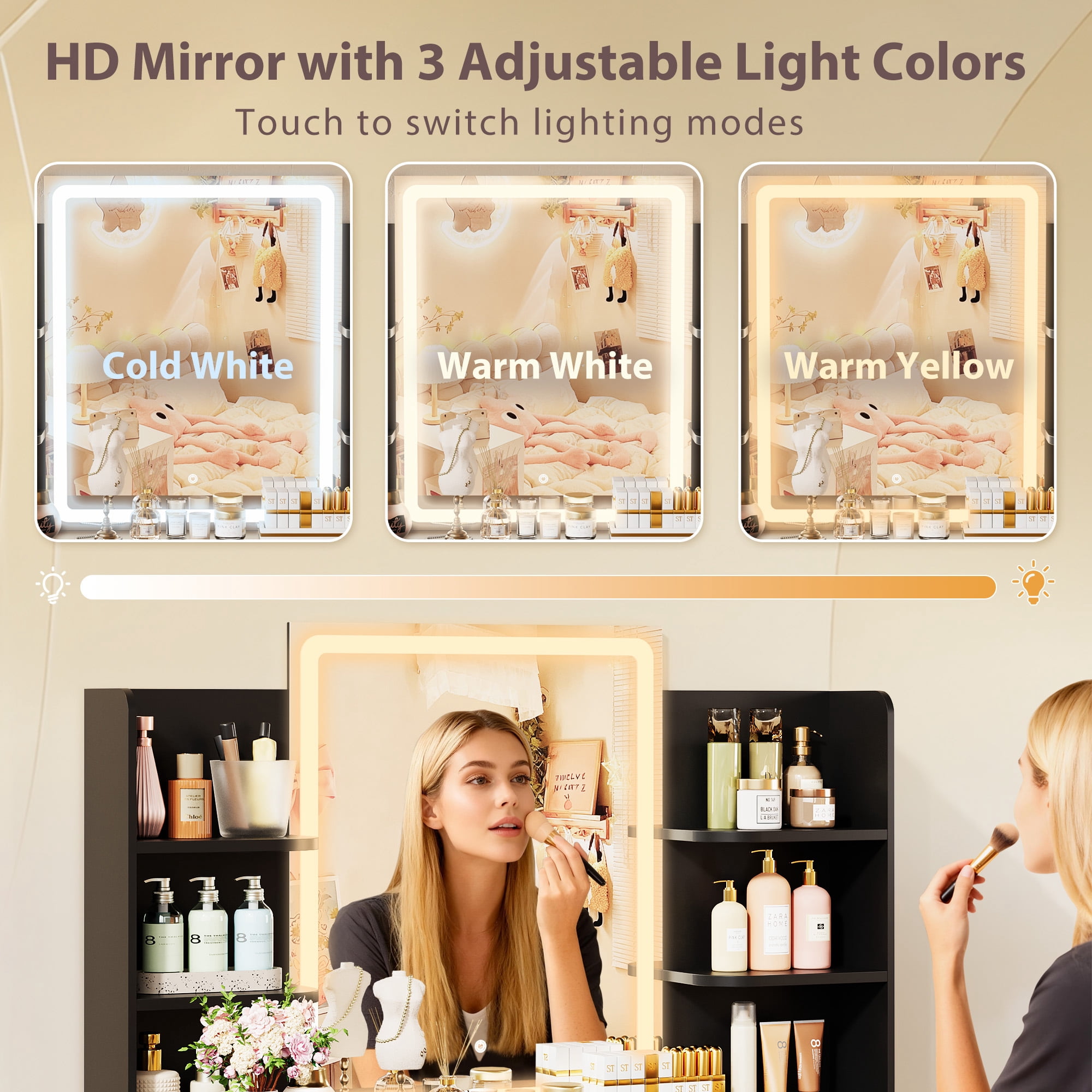 Homall Vanity Desk with 3 Colors LED Lighted Mirror, Makeup Vanity with Storage Shelves and Drawers, Vanity Table Dressing Table for Bedroom, Black