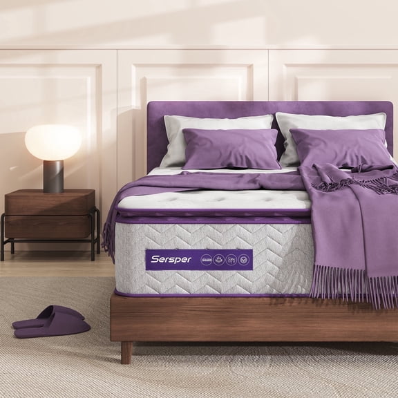 Queen Size Hybrid Mattress, Sersper 12 inch Hybrid Mattress Queen with Fiberglass Free, Memory Foam, Breathable Euro Pillow Top Mattress for Cooler Sleep Supportive & Pressure Relief, Medium Firm