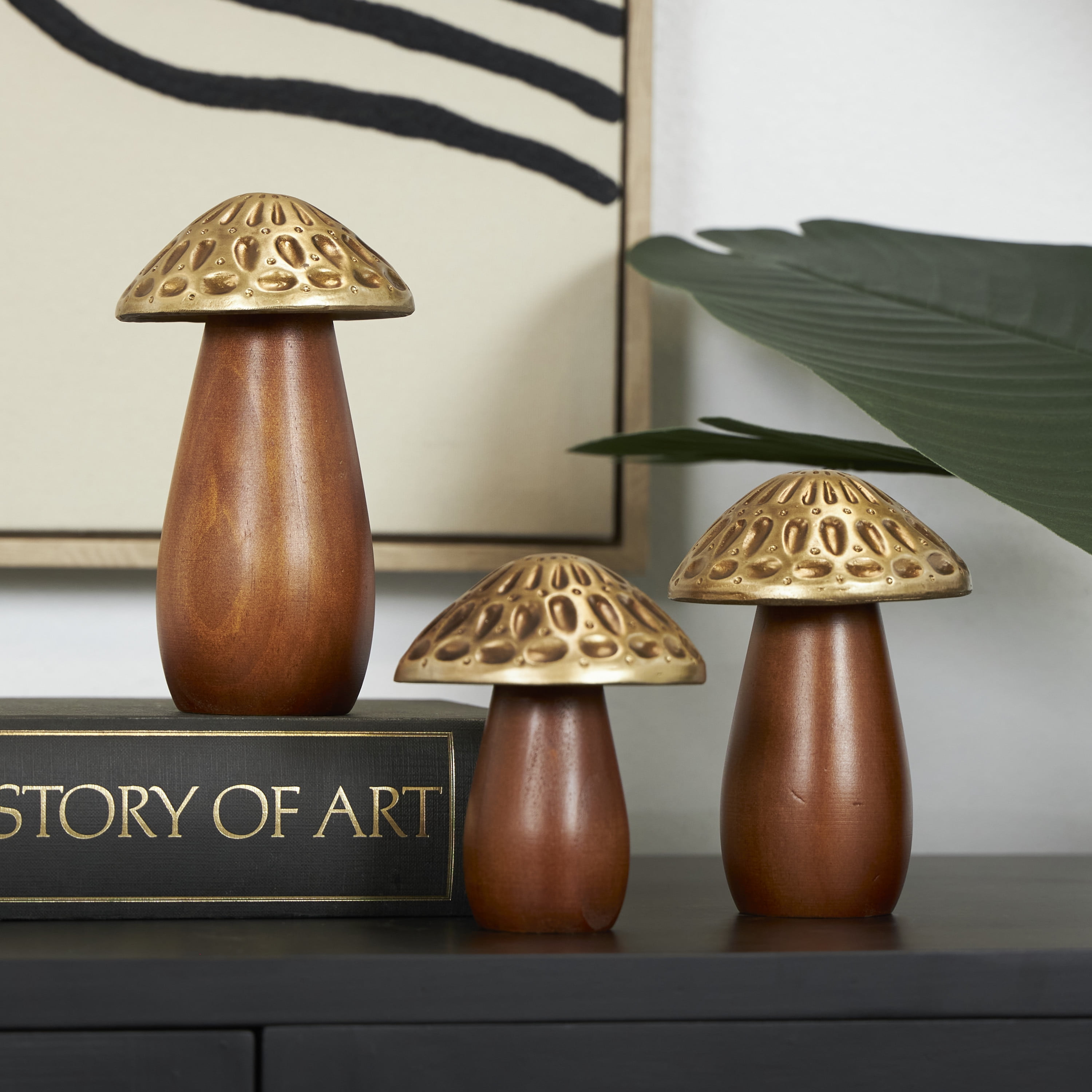7", 6", 5"H Brown Wood Mushroom Sculpture with Gold Tops and Groove Patterns, by DecMode (3 Count)