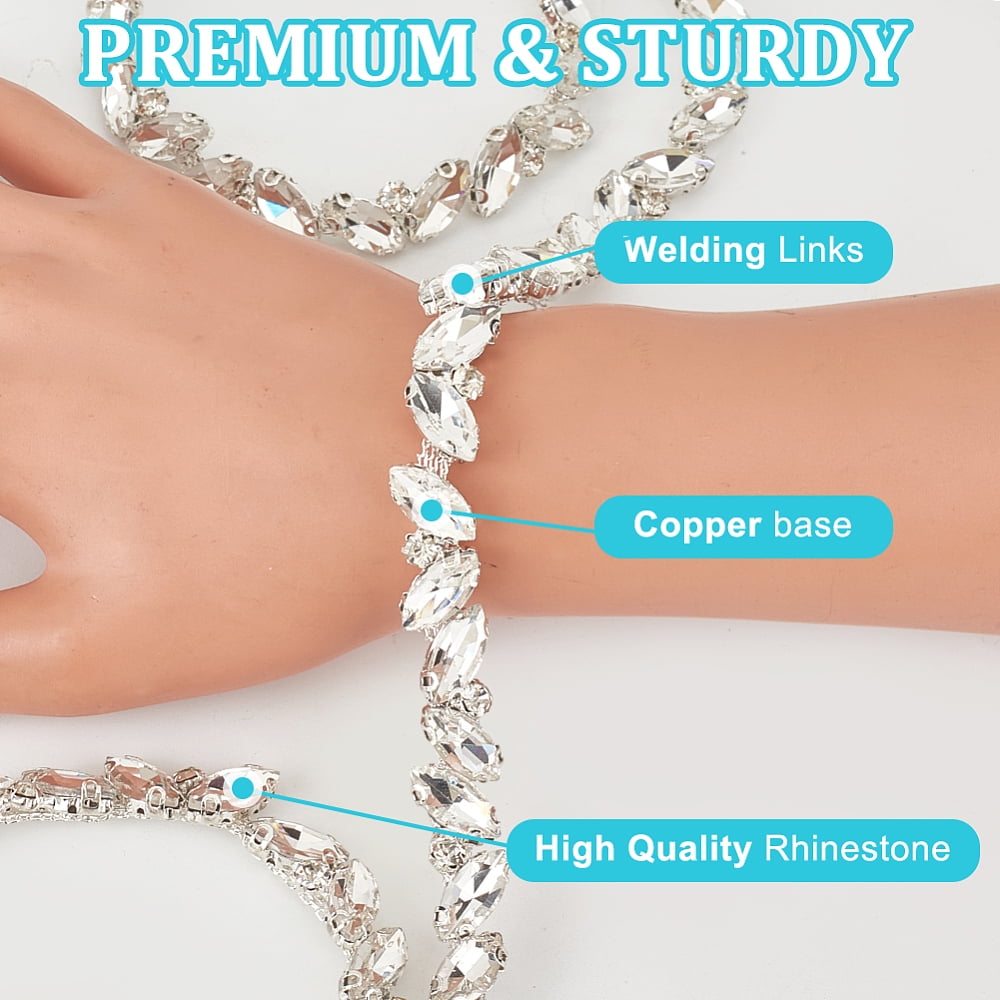 3 Yards(2.7m) Rhinestone Trim Chain Bling Rhinestones Chain for Clothes Applique Stringing Ribbon (Silver)