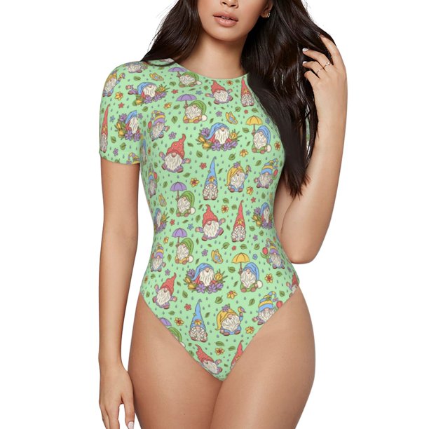 Balery Spring Gnomes Body de cuello redondo de manga corta para mujer Tops de manga corta Tops básicos-Small