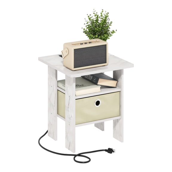 Furinno Andrey Side Table, Charging Station End Table with Storage Bin, Night Stand, Bedside Table with USB and Type-C Charging Port, for Living Room, Bedroom, Light Marble/Ivory
