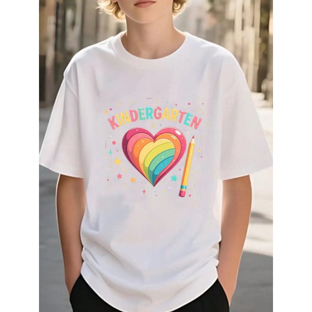 Girls & Boys "Rainbow Kindergarten Heart Cotton Graphic Tees, Back To School Clothes Girls, Black Summer Shirts With Colorful Heart Pattern, Gift For First Day of School