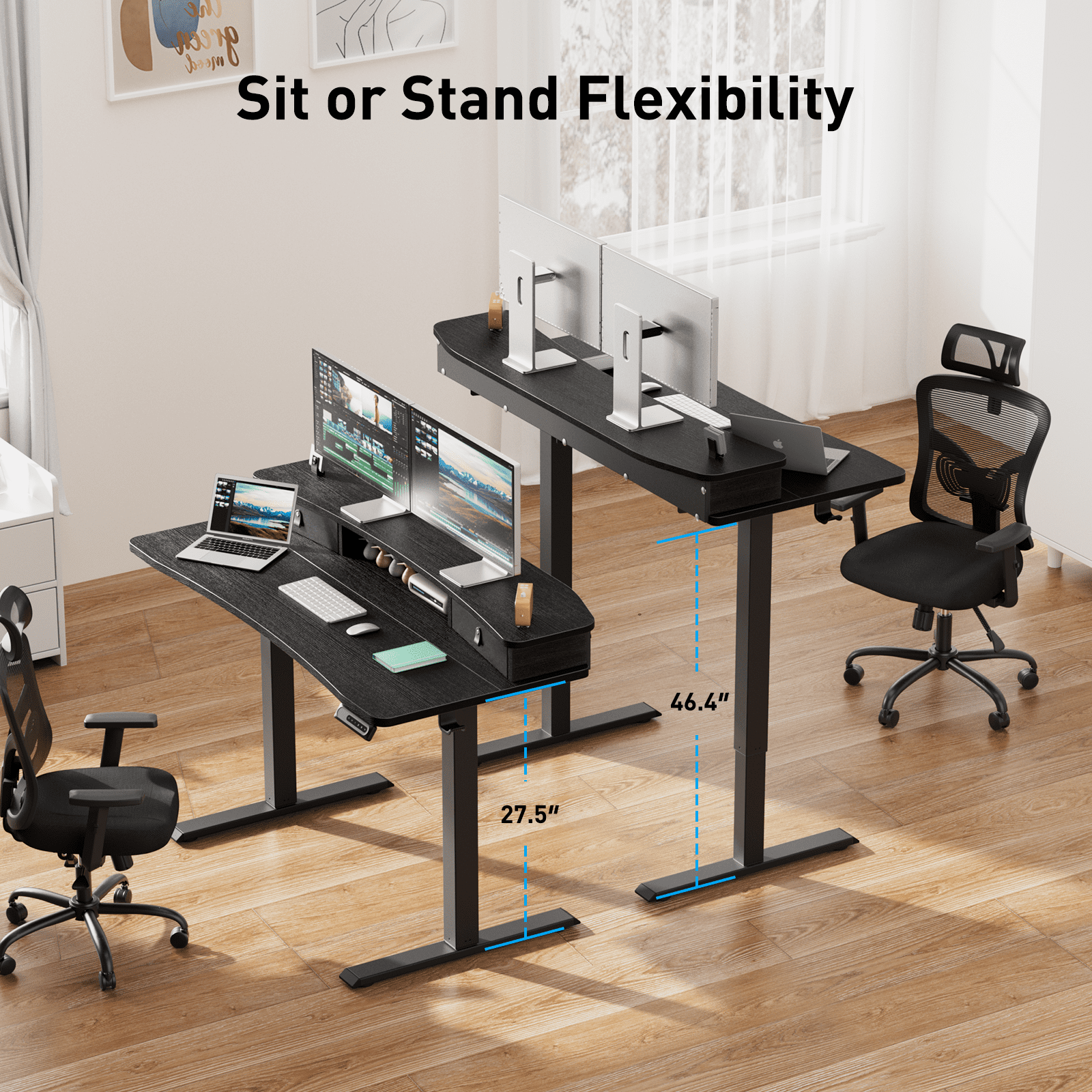 Kyspho Electric Standing Desk with Drawers, 48″ x 24″ Large Adjustable Height Computer Desk for Home Office, C-Clamp Compatible with 4 Presets, Black