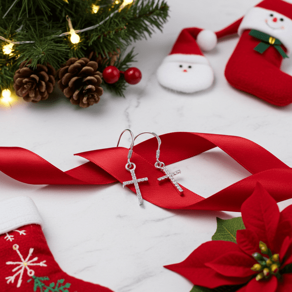 King of Bling's White 0.40ct Sterling 925 Silver Hip Hop Cross Dangling Women's & Men's Earring