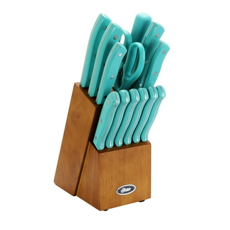 Oster Evansville 14 piece Stainless Steel Cutlery Set with Turquoise Plastic Handle and Black Rubber Wood
