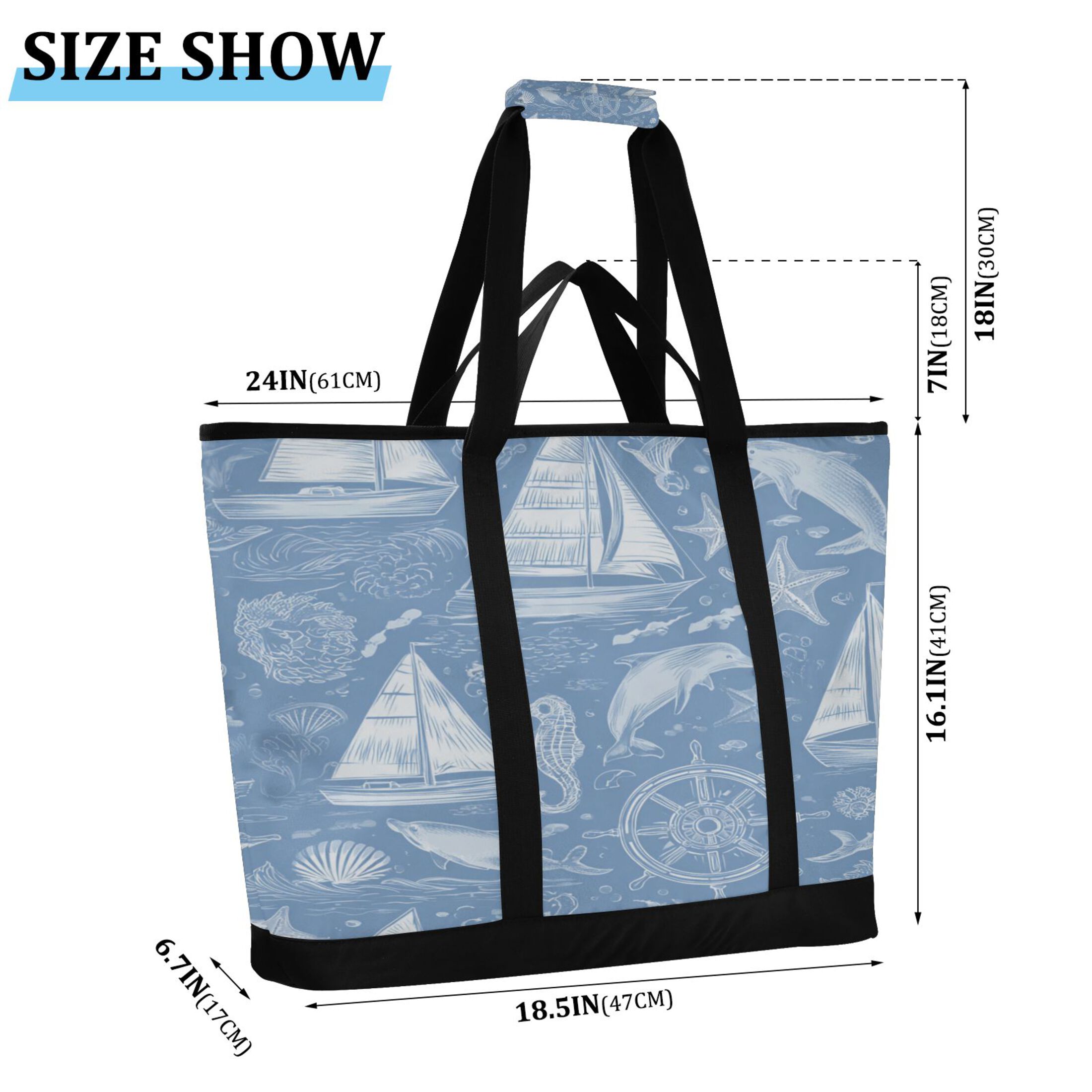 Extra-Large Wide Opening Design Capacity Hand-Held Ice Pack Thickened Insulation Layer For Long-Lasting Cold Retention For Outdoor Shopping Picnics And Camping Blue Nautical Style Pattern