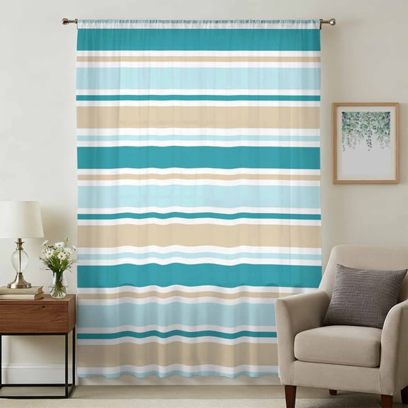 Teal Khaki Striped Sheer Curtains 96 Inches Long, Farmhouse Stripes Modern Abstract Art Light Filering Curtains, Privacy Drapes Simi Floor to Veiling Curtain for Living Room Bedroom Window Treatment