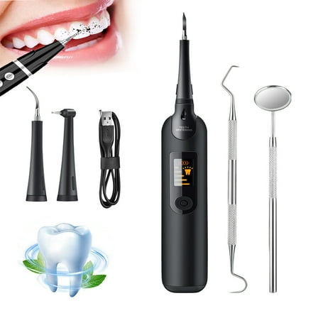 Plaque Remover for Teeth, Tooth Scraper Polisher Ultrasonic Tooth Cleaner Dental Tartar Calculus Remover with LED Display Teeth Cleaning Kit Safe for Adult Kids (Black)