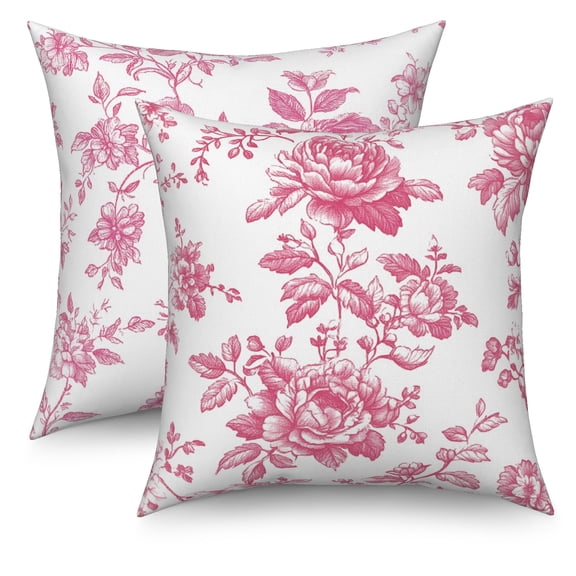 Pink and White Floral Throw Pillow Covers 18x18 Set of 2,Chinoiserie Flower Linen Pillow Cases for Sofa Couch Bedroom Decor