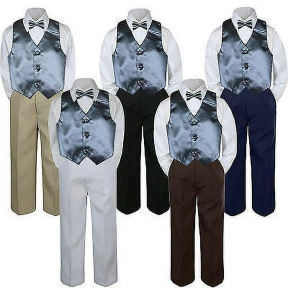 4pc Dark Gray  Vest Bow Tie Suit Pants Set Baby Boy Toddler Kid Uniform S-7