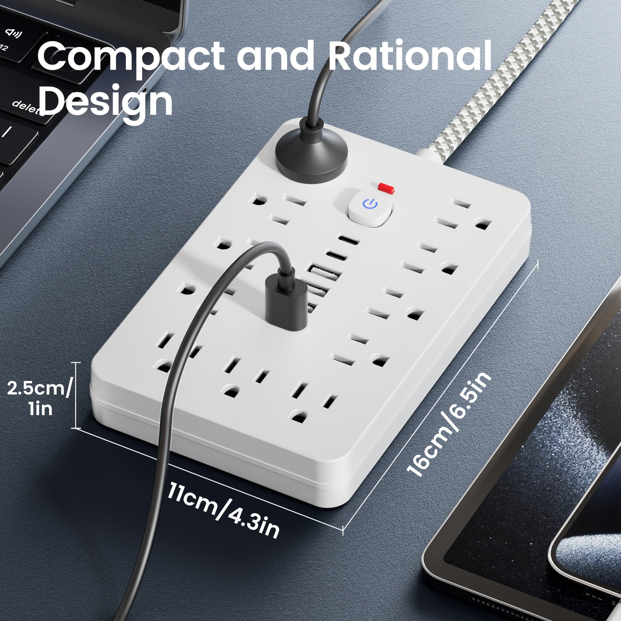 Surge Protector Power Strip with 11 AC Outlets, 4 USB-A & 2 USB-C Ports, 5ft/10ft Braided Cord, Overload Protection for Home Office Travel