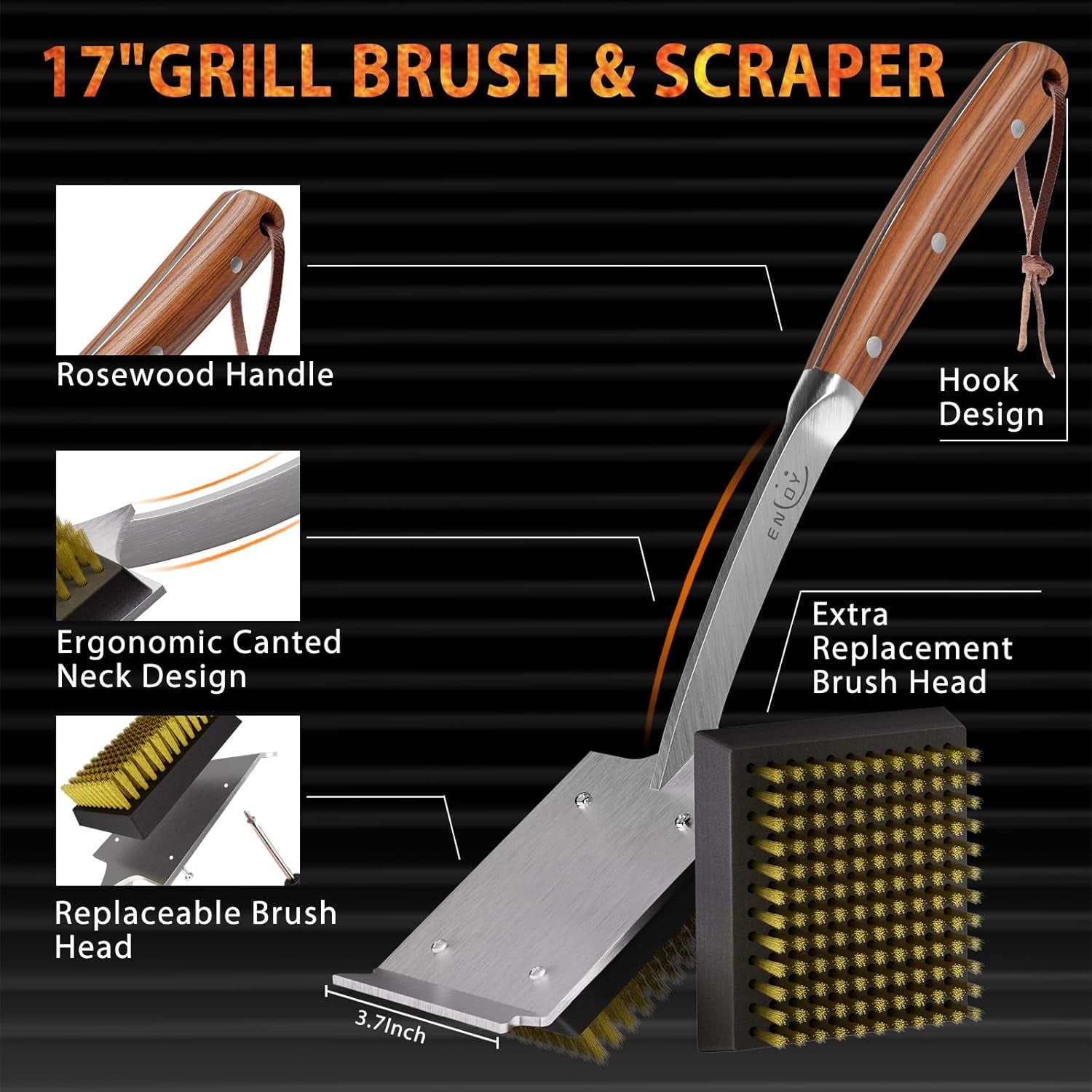 Grill Brush and Scraper for Barbecue, 17" Outdoor Grill, Extended Rosewood Handle 2 Replaceable Copper Wire Heads, Cleaning Accessories Most