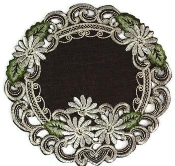 Doily Boutique Round Doily Embroidered with White Daisy Flowers on Brown Burlap Linen Fabric, Size 7 inches