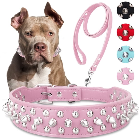 LQCrafK Dog Collar with Leash,Durable Rivet PU Leather Dog Collars for Pit Bull, Spiked Studded for Small Medium Large Dog