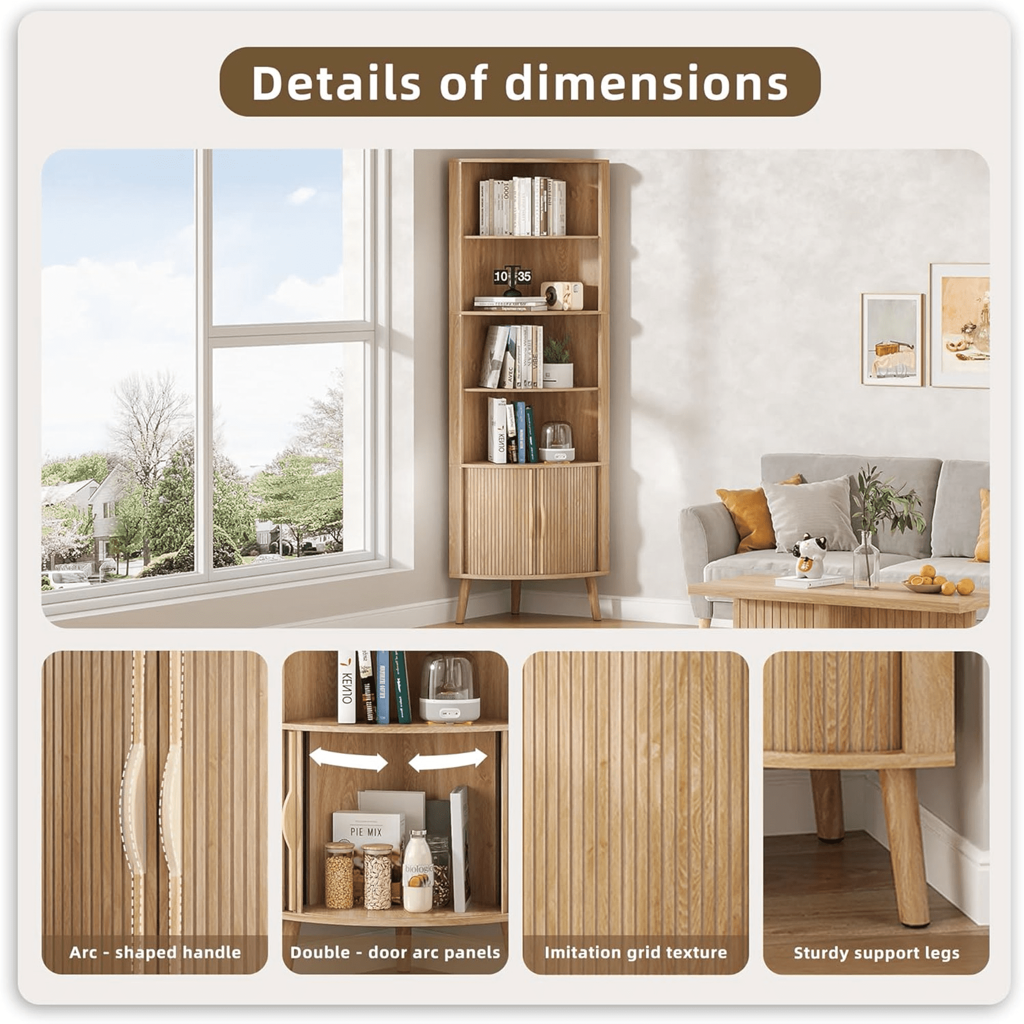 Diubas 66.73'' Tall Fluted Floor Corner Cabinet, Farmhouse Storage Cabinet with 2 Doors and 5 Storage Shelves for Living Room, Kitchen, Study Room, Natural