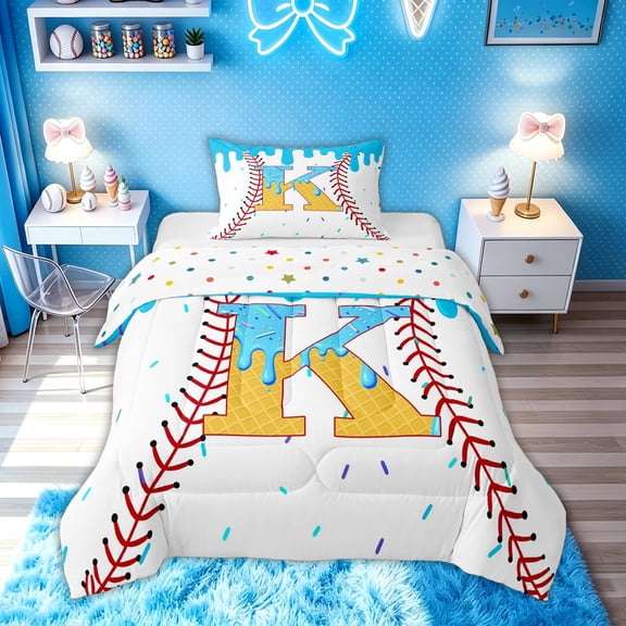 meiyoeat Baseball Letter K Twin Comforter Sets for Boys, Kawaii Ice Cream Drip Bedding Set, Blue Yellow, Polkadot Reversible, 2 Pieces, 1 Comforter and 1 Pillowcase