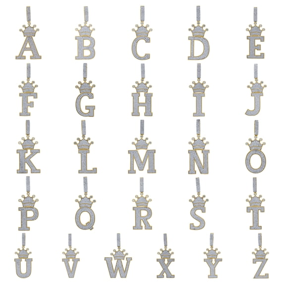 Yellow Sterling Silver Unisex Round CZ Letter A to Z Charm Crown Initial Pendants - A