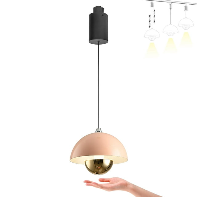 FSLiving Adjustable Height Track Pendnat Light J-Type Retractable Lift Track Pendnat Light with Hand-Sweep Control with Stepless Dimming Indoor Island Light Adjustable Length Lamp,Pink - 1 Pack
