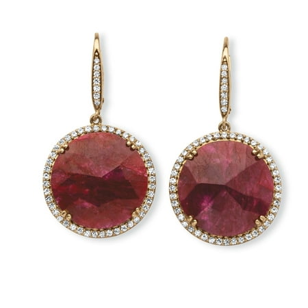 - 28.81 TCW Genuine Hand-Cut Round Ruby and Pave CZ Halo Earrings in 14k Gold over Sterling Silver