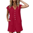 thumbnail image 6 of ClodeEU Women's Short Sleeve Button Front Romper,Casual V Neck Solid Color Shorts Jumpsuit Red,Women's Plus L, 6 of 8