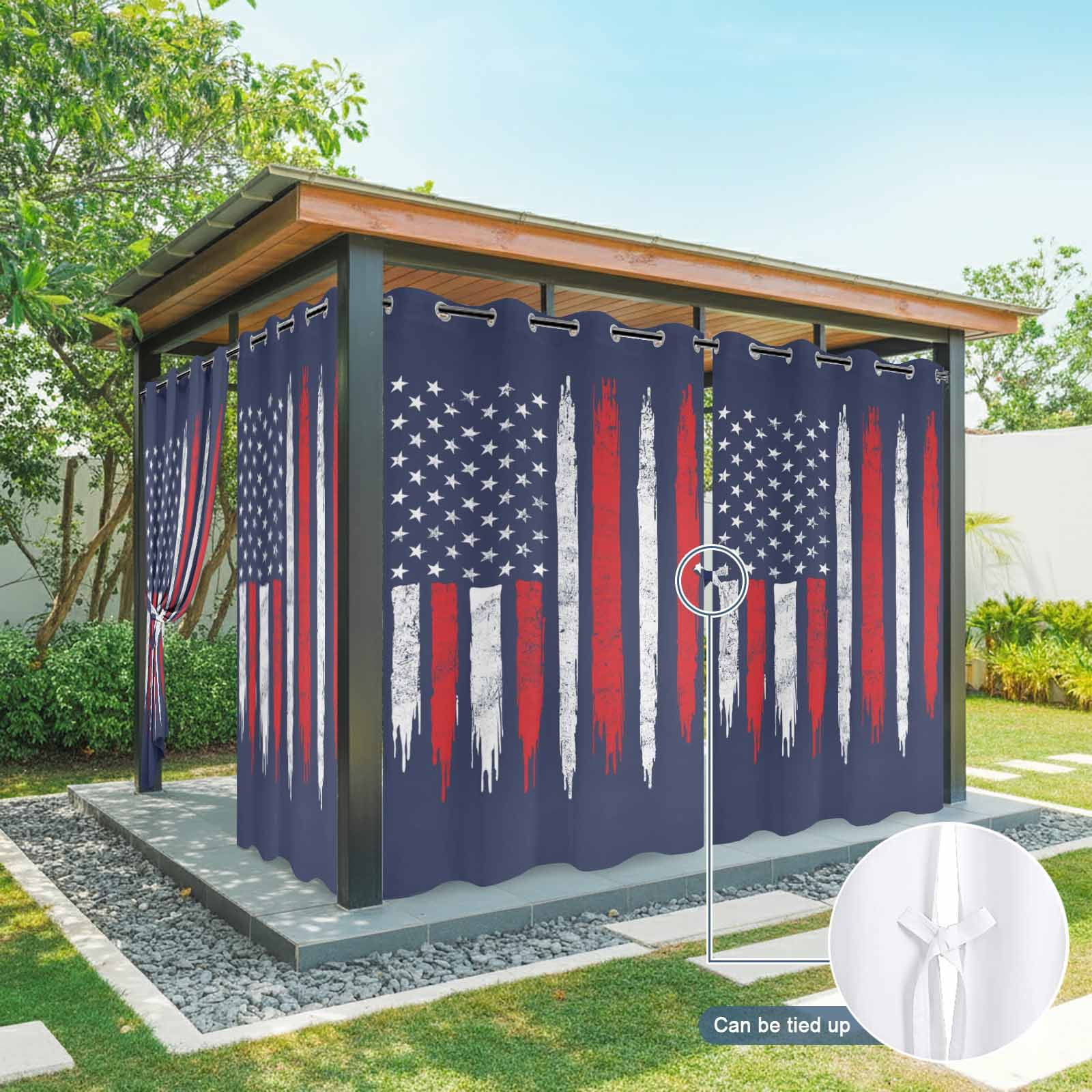 Independence Day Outdoor Curtains for Patio, USA Red White Star Stripes Blue Sunshade Privacy Drapes Grommet Waterproof Outside Curtains for Porch/Cabana/Balcony 54"x 108", 1 Panel