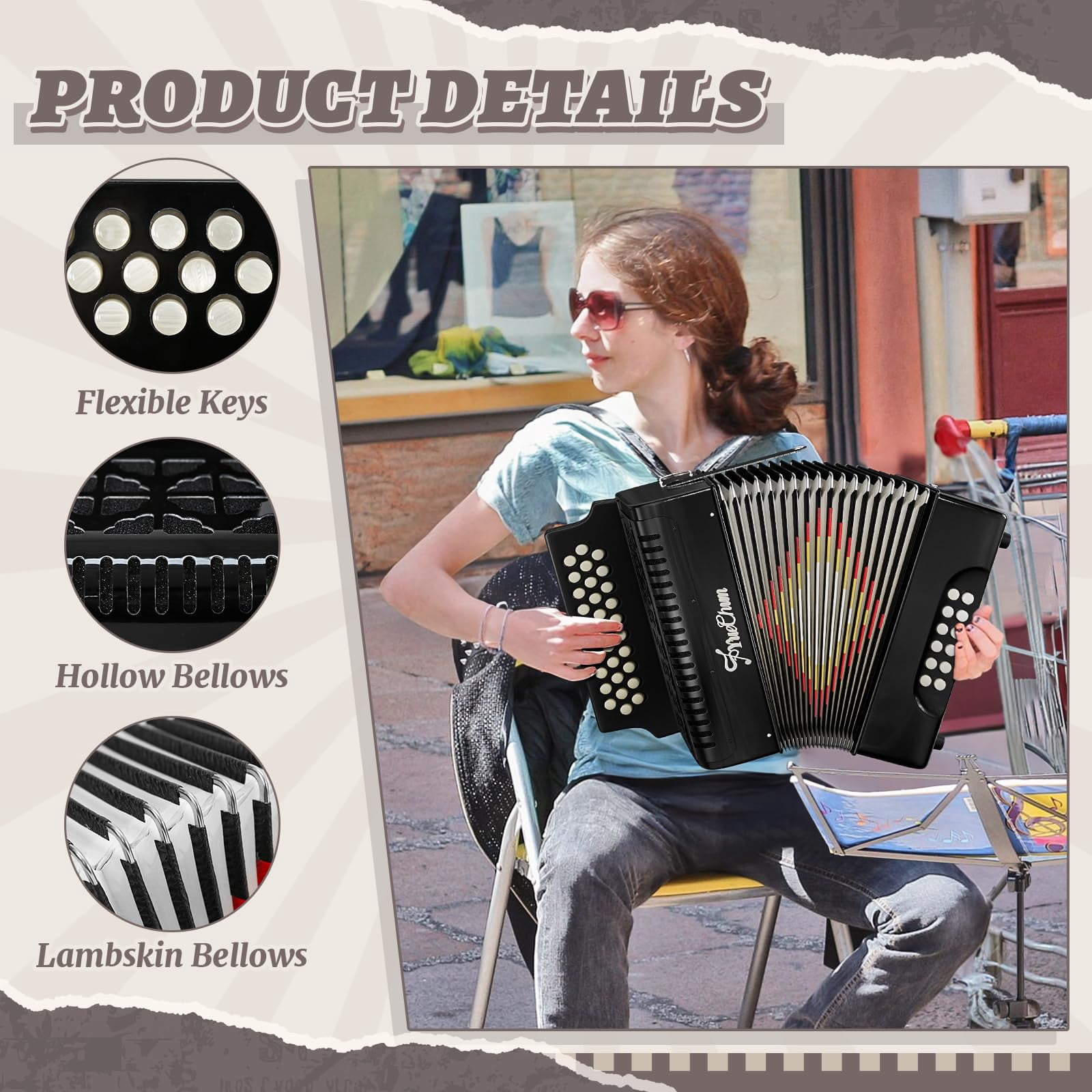 YueChun Accordion, 31 Keys 12 Bass G/C/F Diatonic Button Accordion , Portable Professional Button Accordion with Case (Black)
