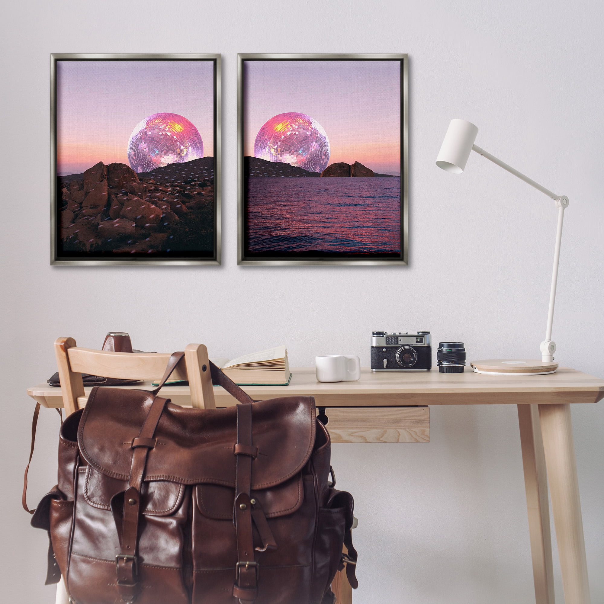 Stupell Industries Surreal Disco Ball Landscape Landscape Painting Gray Floater Framed Canvas Art Print Wall Art, 25 x 31, Set of 2