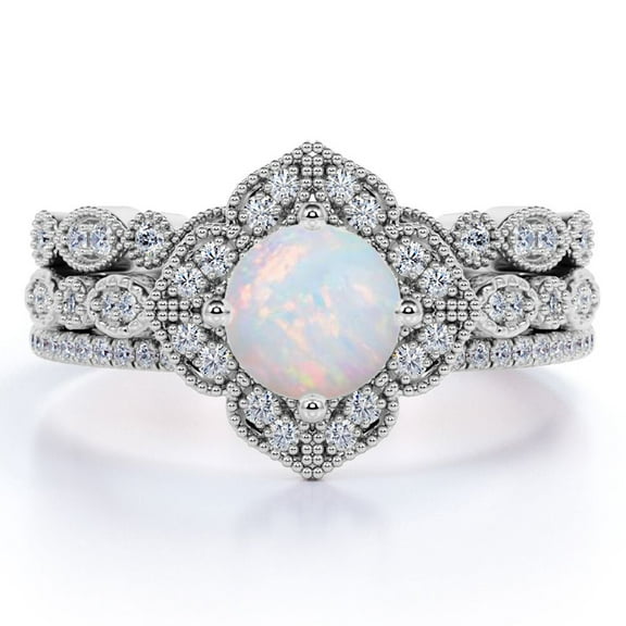JeenMata Vintage 2 ct Halo Round Rainbow Opal and Moissanite Trio Wedding Ring Set in 18K White Gold over Silver