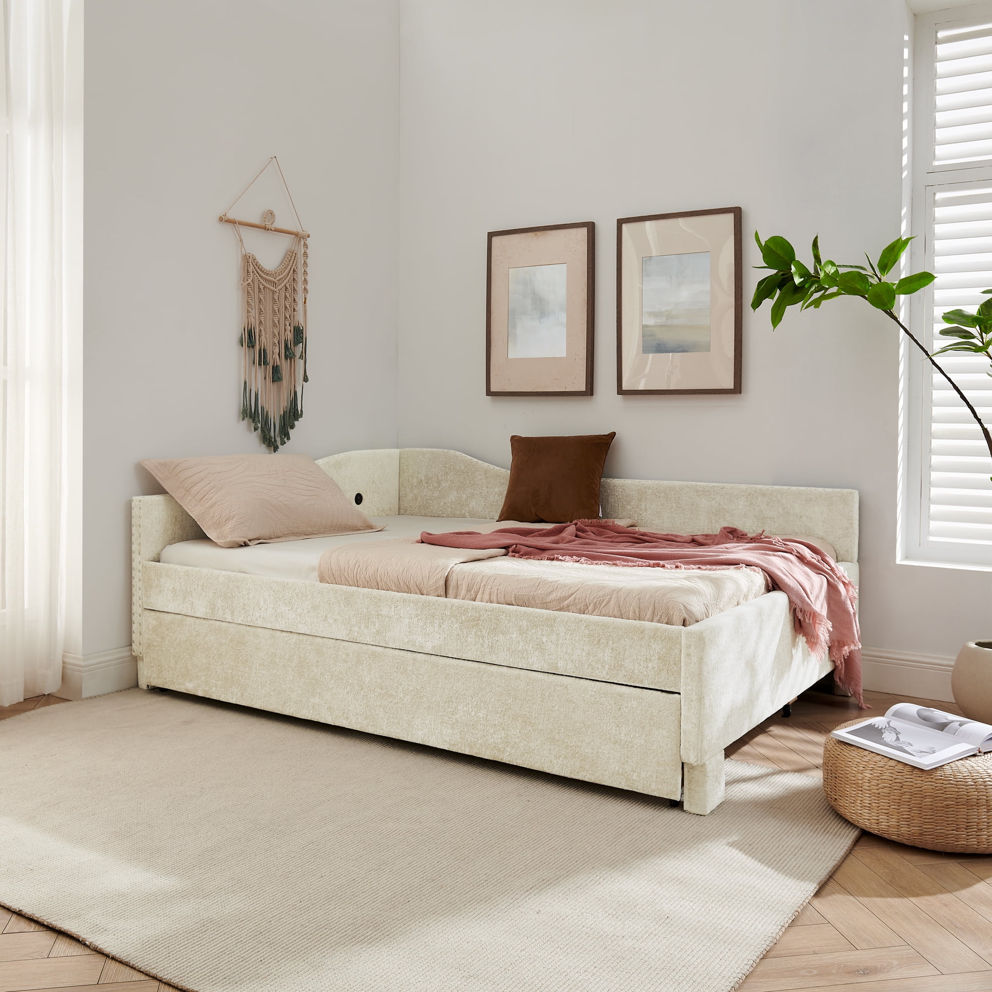 Full Size Daybed,Chenille Upholstered Daybed with Pull-Out Trundle & Built-In USB Charging Port,2-in-1 Space Saving Sofa Bed for Guest Room,Small Space,Beige