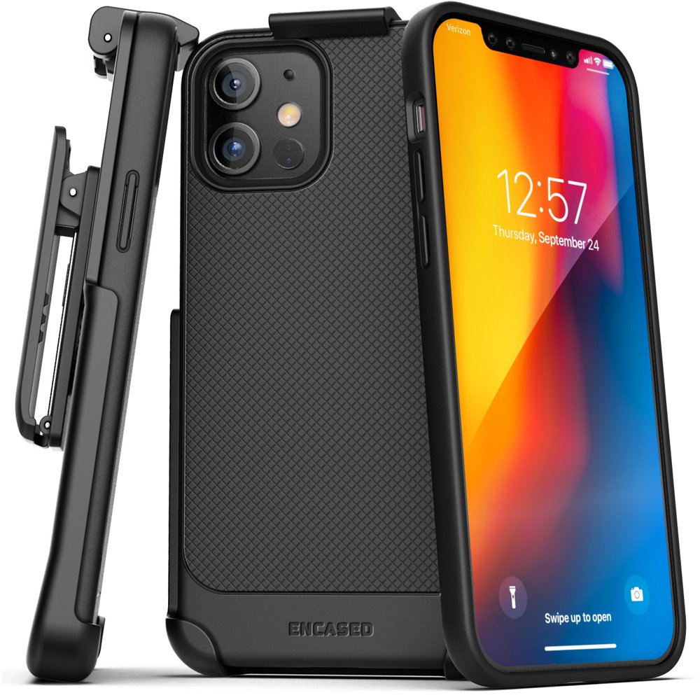 Encased Apple iPhone 12 Belt Clip Case (Thin Armor) Slim Grip Cover with Holster Black
