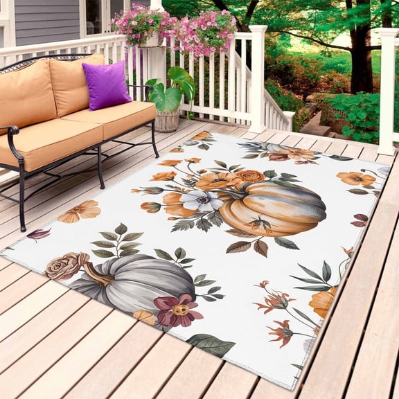 Pumpkin Floral Fall Outdoor Rug for Patio/Deck/Porch, Non-Slip Large Area Rug 4 x 6 Ft, Thanksgiving Botanical Leaves Indoor Outdoor Rugs Washable Area Rugs, Reversible Camping Rug Carpet Runner