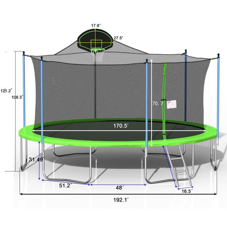 Leumius 16FT Trampoline for Kids and Adults,Heavy Duty Outdoor Trampolines with Basketball Hoop,Round Trampoline w/Ladder and Safety Enclosure Net,Green
