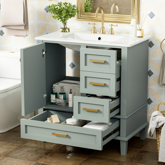 SESSLIFE 30" Bathroom Vanity with Sink, Modern Freestanding Bathroom Cabinet with Ceramic Sink, Soft Close Door and 3 Drawers, Solid Wood Frame, Sage Green