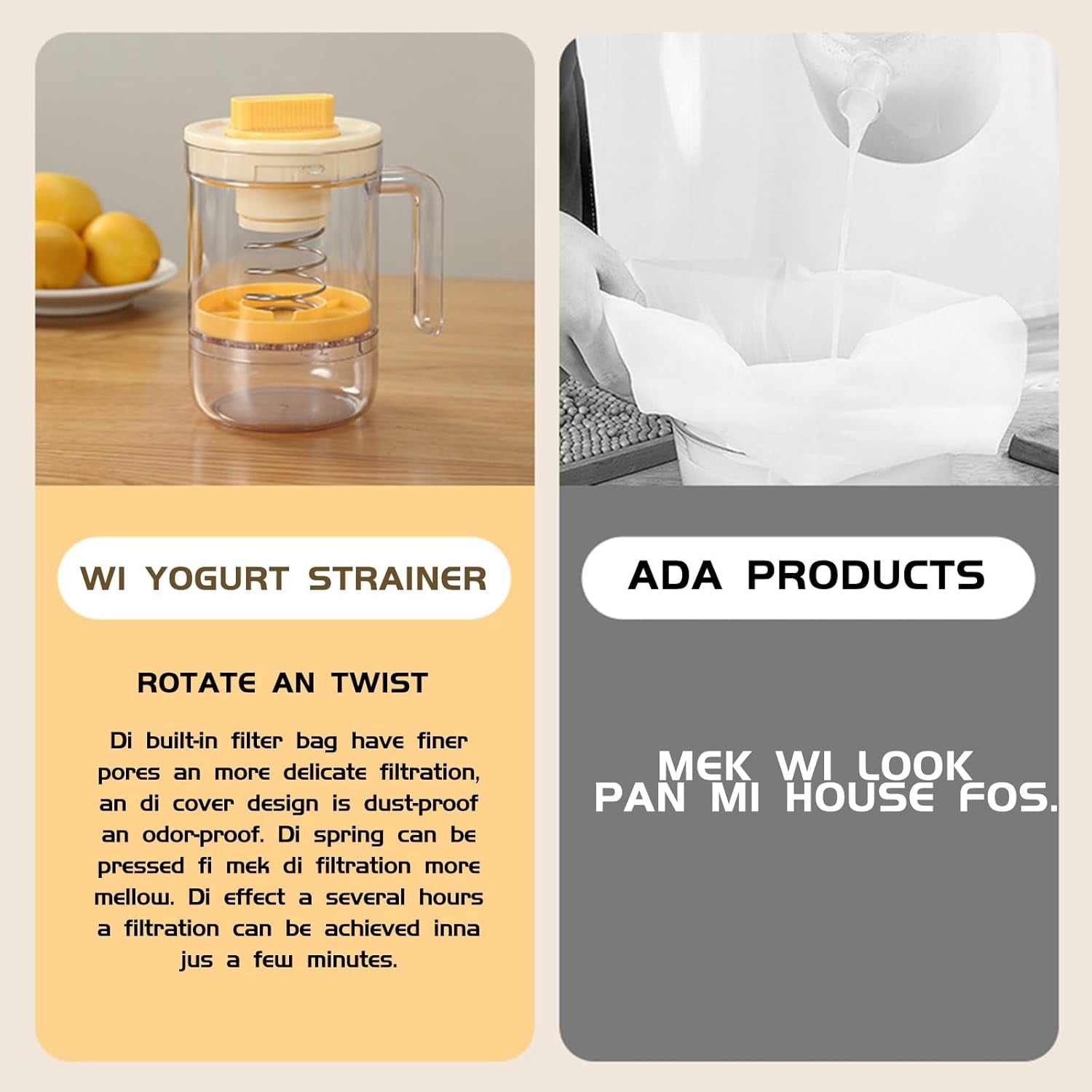 Greek Yogurt Strainer with Spring-Loaded Press, Ultra-Fine Mesh Bags  Adjustable Twist Knob Whey Separator, BPA-Free Yogurt Filter Jar, Holds 450 g Yogurt, 270 ml Whey Collector