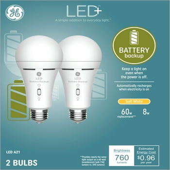 GE LED+ Battery Backup Light Bulbs, Flashlight Bulb, Soft White, 2pk