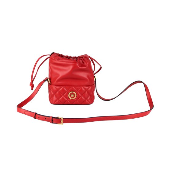 Versace Versace Red Quilted Leather Drawstring Shoulder Bag Bucket Crossbody Women's Handbag
