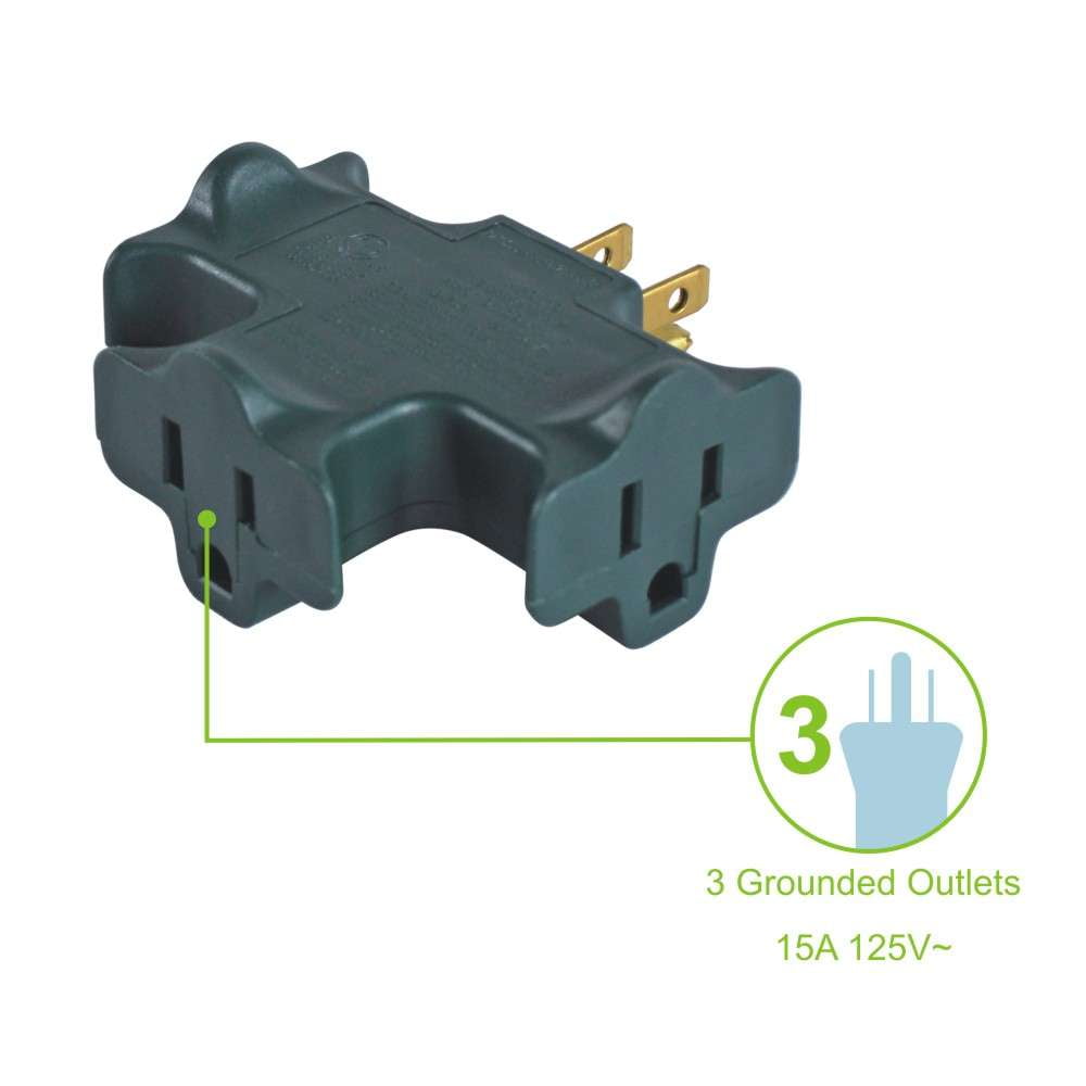 Hyper Tough Heavy Duty 3 Way Grounded Outlet Green Indoor Use Adapter, 15 Amps