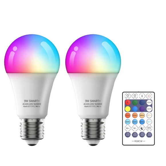 9W-110V Smart Light Bulb Wi-Fi LEDs Bulbs 2700K-6500K RGBW E26 Voice Control Timer for Home Party Decor (2 Packs Light Bulb +1 Remote Control )