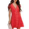 thumbnail image 3 of VISgogo Mini vestido de mujer, manga corta, cuello en V, cierre de botones, estampado de puntos, vestido de verano para uso diario informal VISgogo  moda, 3 of 8