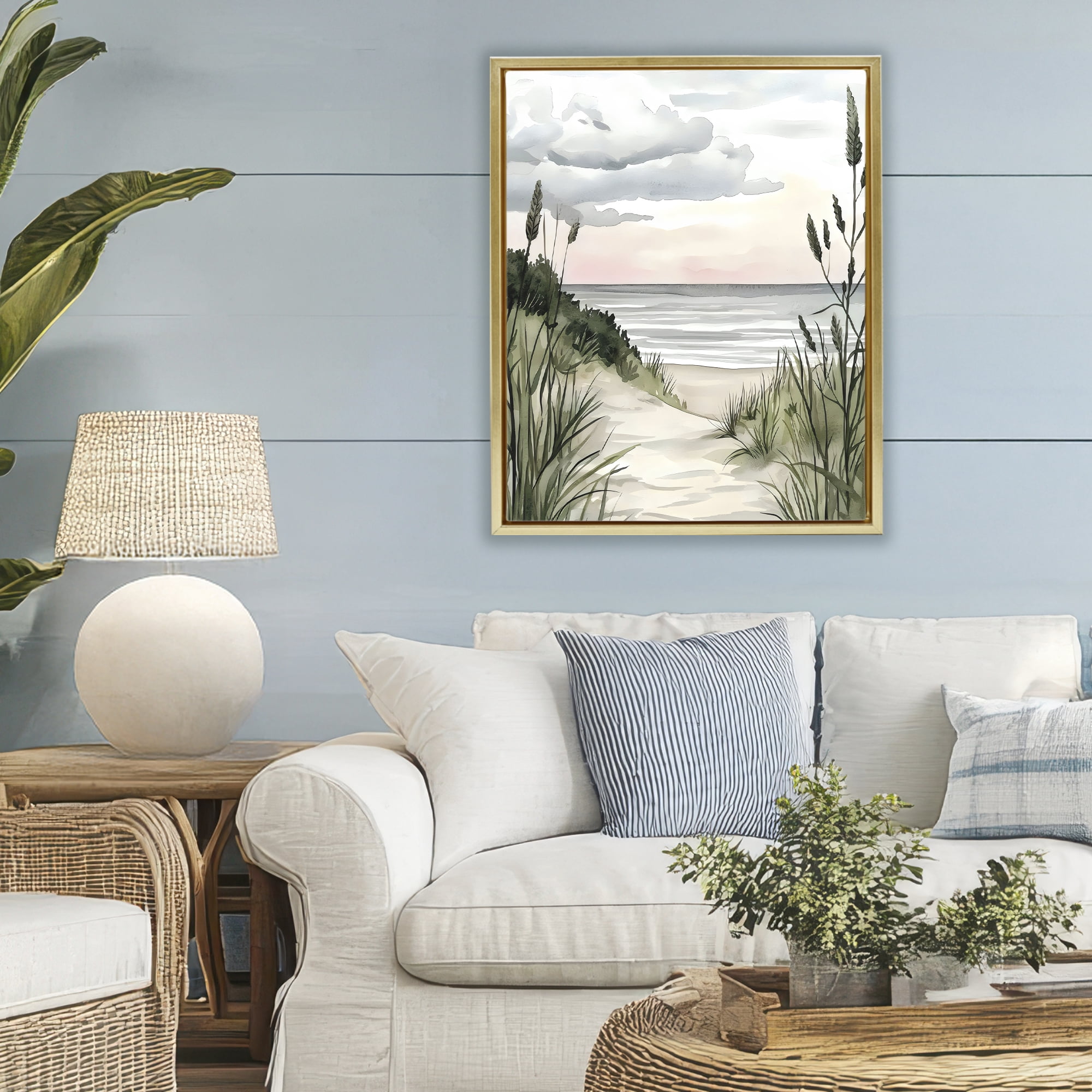 Stupell Industries Coastal Calm Seaside Dunes Gold Framed Floater Canvas Wall Art, design by Riley B