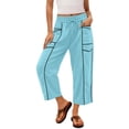 thumbnail image 5 of ZHYou No Boundarie Womens Wide Leg Capri Pants High Waisted Drawstring Elastic Waist with Pockets Contrast Stripe Loose Fit Casual Summer Cropped Trousers Light Blue Size XL, 5 of 8