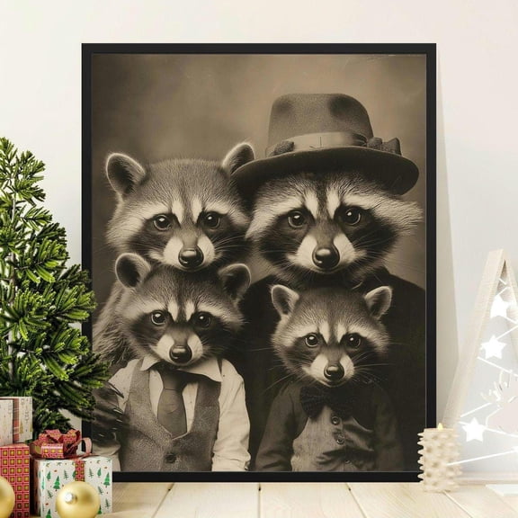 Vintage Raccoon Family Portrait Poster, Cute Animal Wall Art, Whimsical Wildlife Decor, Retro Style Raccoon Print, Nursery Room Decor, 8x12