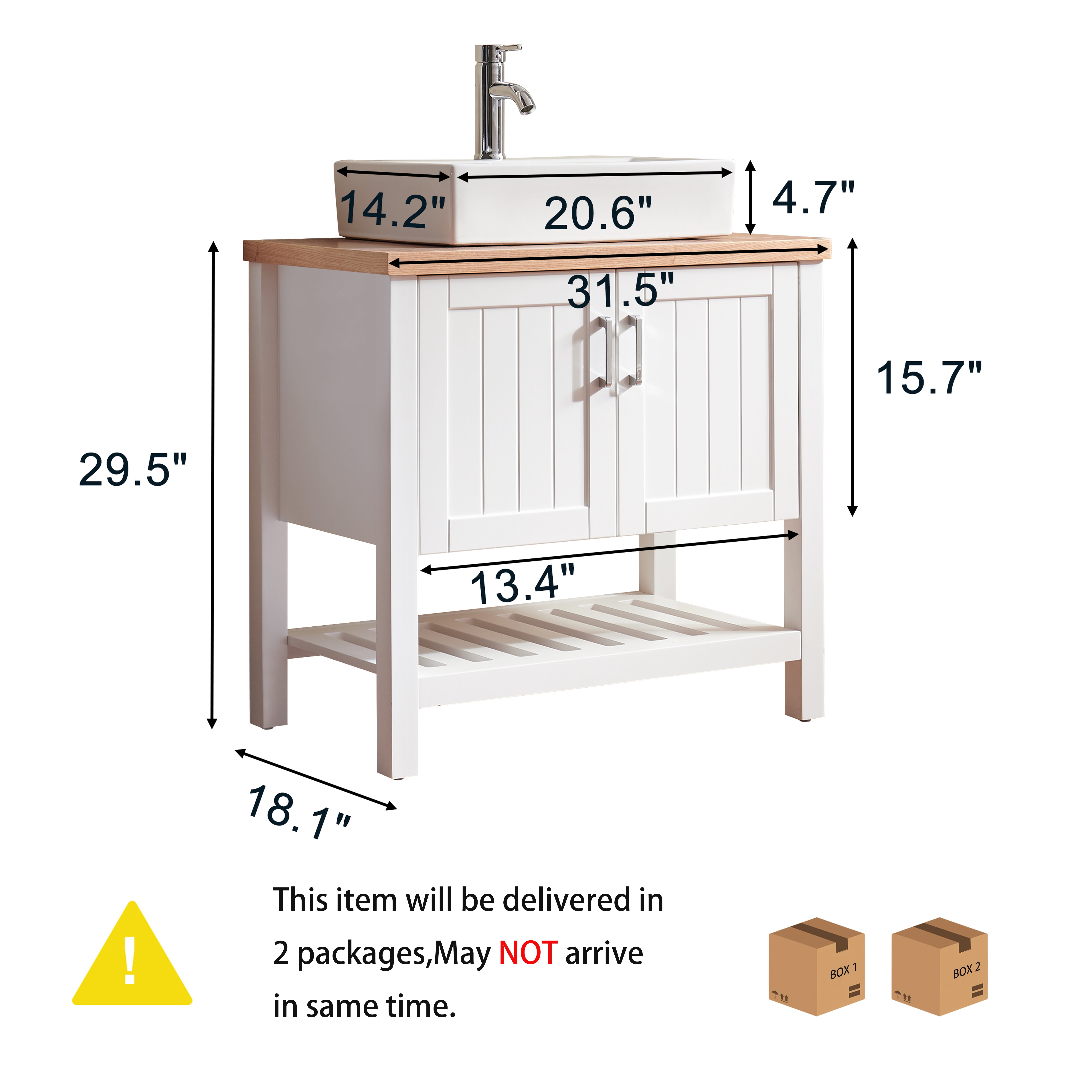 FFZ 32" Bathroom Vanity with Sink, Solid Wood Cabinet with Doors & Open Shelf, White+Natural