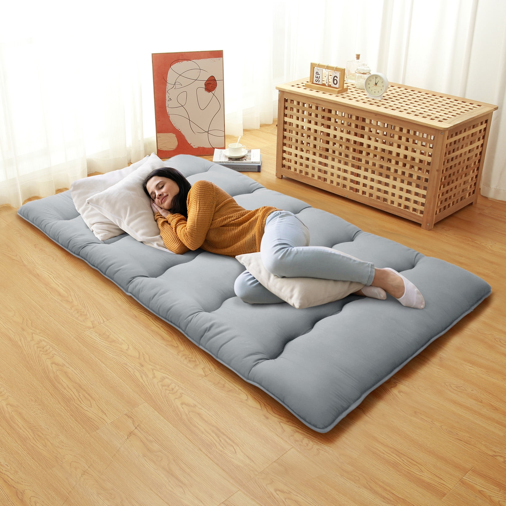 Japanese Futon Floor Mattress Twin/Full Size Sleeping Mat, Tatami Mat, Portable & Foldable Roll Up Camping Mattress Pad for Sofa Lounger, Light Gray, Twin