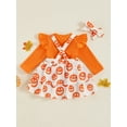 thumbnail image 4 of Suealasg 3Pcs Newborn Baby Girls Halloween Outfits Clothes Set 3 6 9 12 18 Months Infant Girls Crew Neck Long Sleeve Romper Pumpkin Print Suspender Skirt Headband Set, 4 of 7