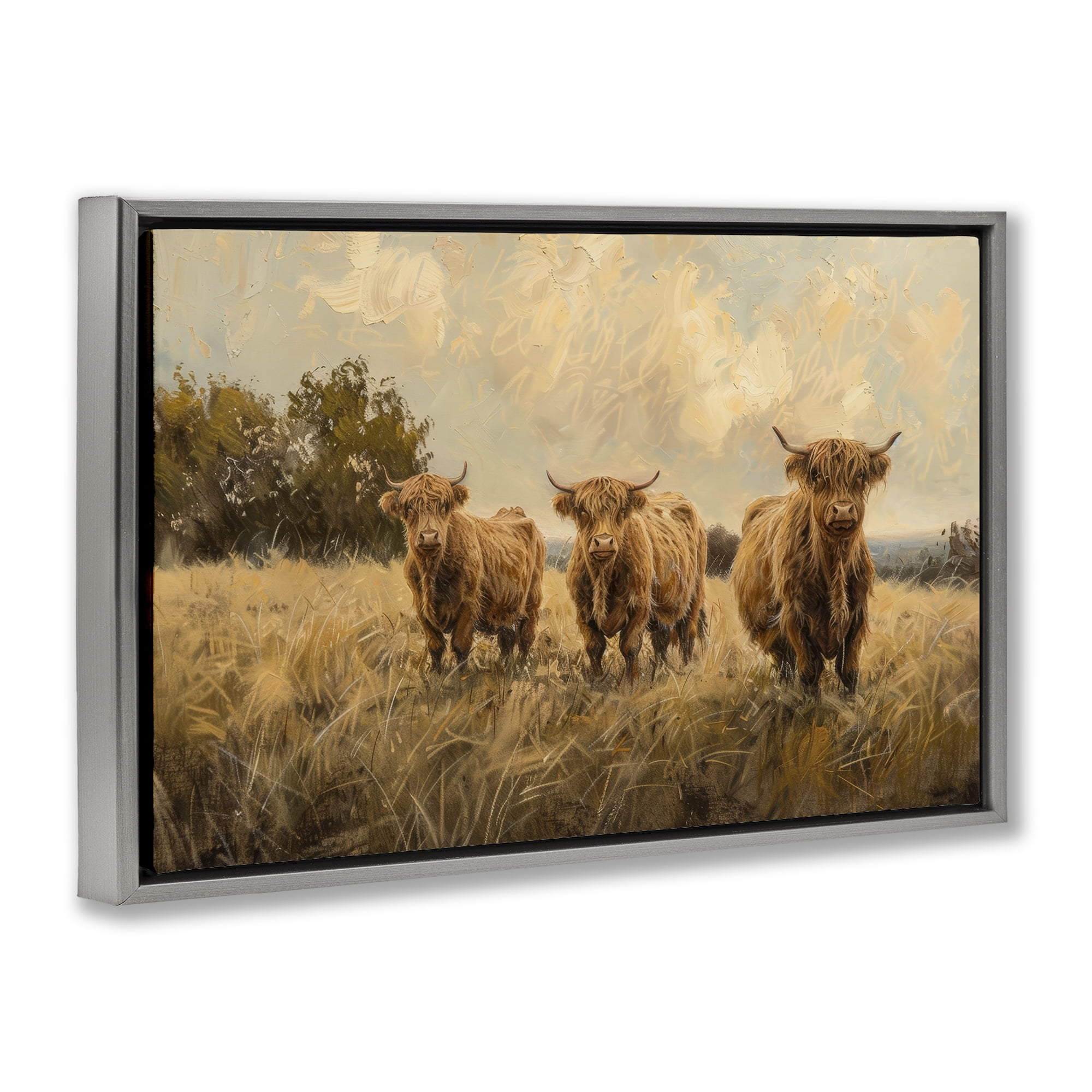 Stupell Industries Three's A Party Cattle Animals & Insects Painting Gray Floater Framed Canvas Art Print Wall Art, 25 x 17