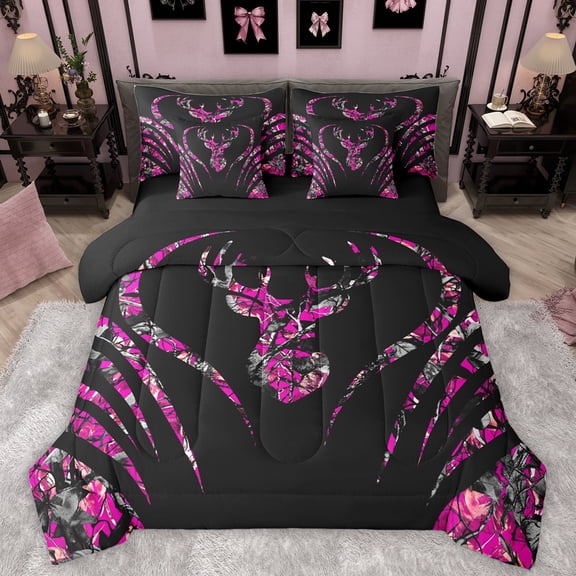 Manfei Wild Deer Silhouette 7-Piece Twin Bedding Sets,Jungle Animal Bedding Comforter Set,Pink Black Sheet Sets For Boys Girls,Breathable Home Decor Reversible