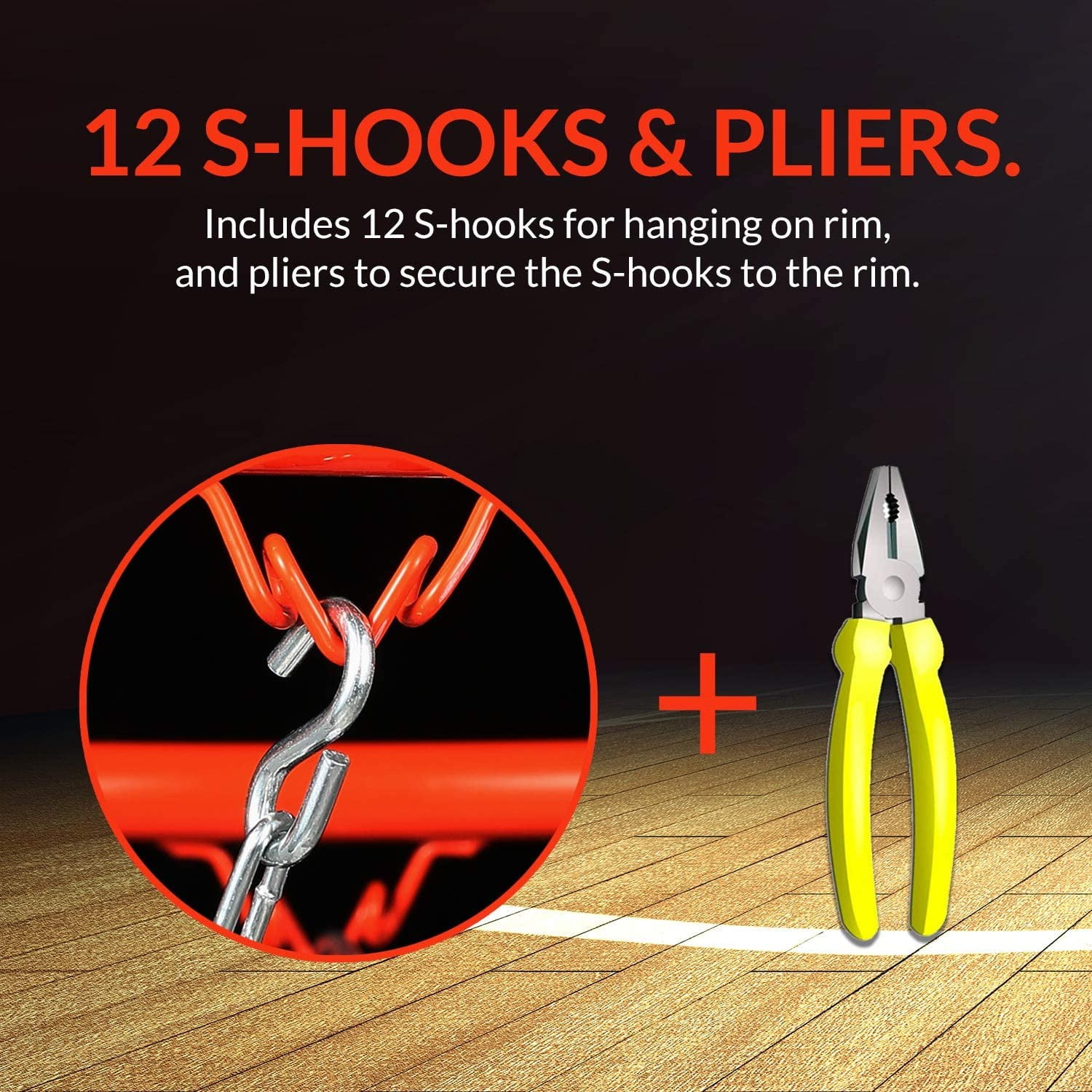 Basketball Net Heavy Duty Metal Chain Replacement with 12 S-hooks and Set of Pliers to Tighten Hooks | Rustproof Galvanized Iron 21-Inch (53 cm) Net (3.2mm Thick)