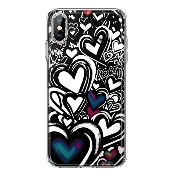 MUNDAZE Apple iPhone XS/X Shockproof Clear Hybrid Protective Phone Case Black White Hearts Love Graffiti Cover